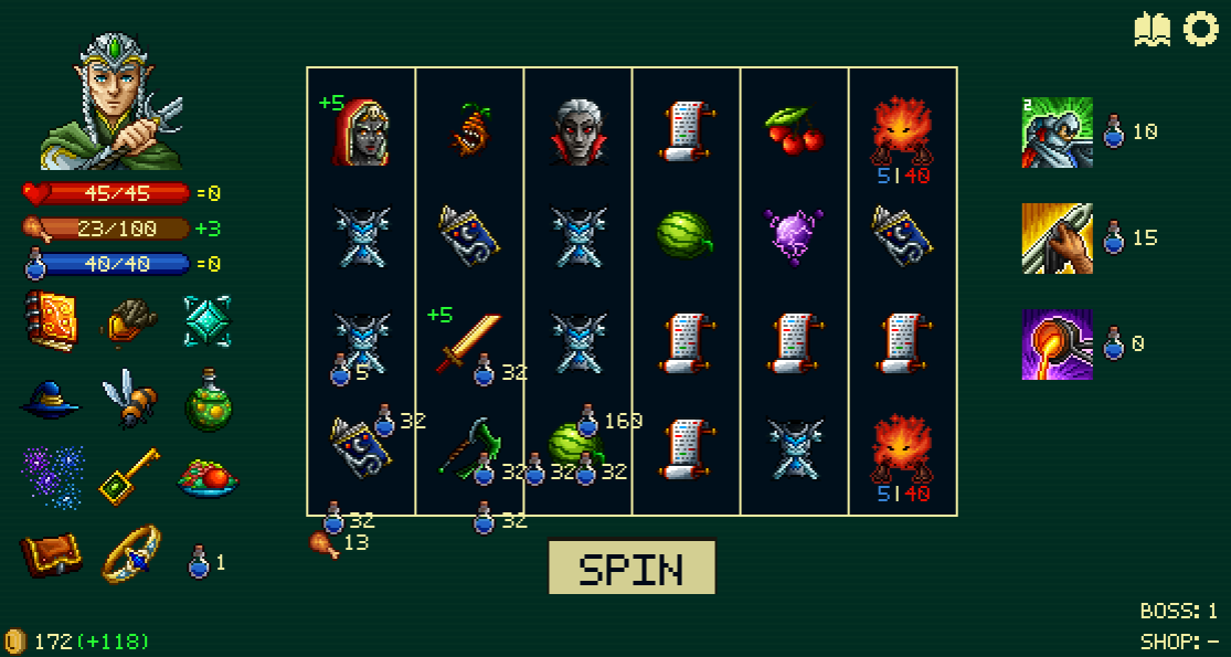 Spinny Dungeon — игровое поле с 6 барабанами и героем